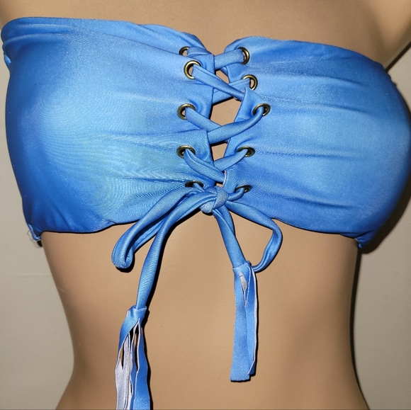 NEW LARGE ICE BLUE 2 PIECE SWIMSUIT POPULAR REMOVABLE PADS HALTER or bandeau - Picture 5 of 7